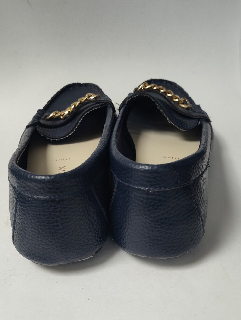 Anne Klein Navy Pebbled Leather Loafers with Gold Chain - Picture 5 of 6
